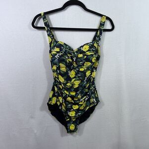 NipTuck Navy Lemon Citrus Built-in Padded Bra One-Piece Swimsuit Size 6 Slimming